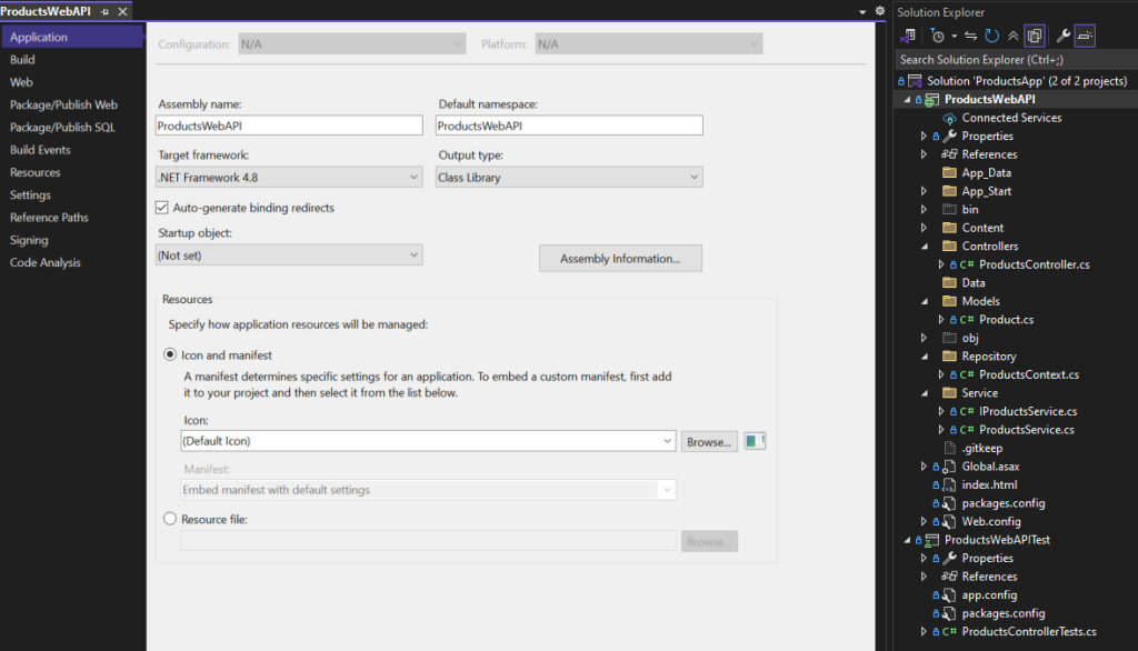 Visual Studio solution explorer showing ASP.NET Web API project structure with solution folders for a Products API