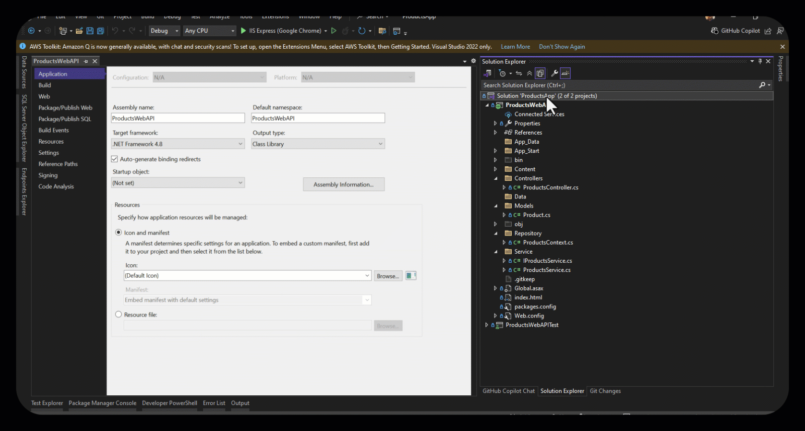 Animation showing how to initiate porting in Visual Studio with Solution Explorer action Port project to Amazon Q