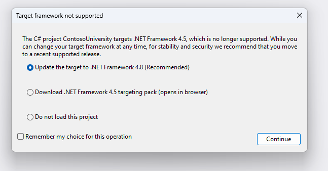 Target framework not supported dialog