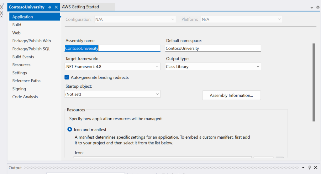Project properties showing .NET Framework version 4.8