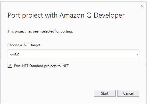 Port project with Amazon Q Developer dialog