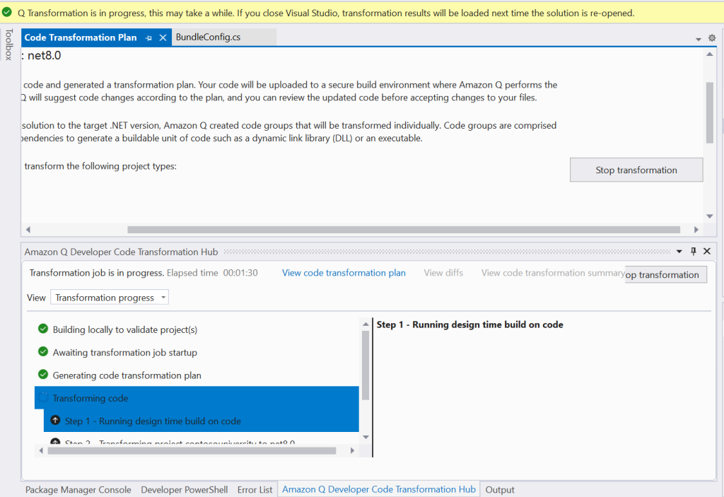 Transformation progress displaued in Transformation Hub pane
