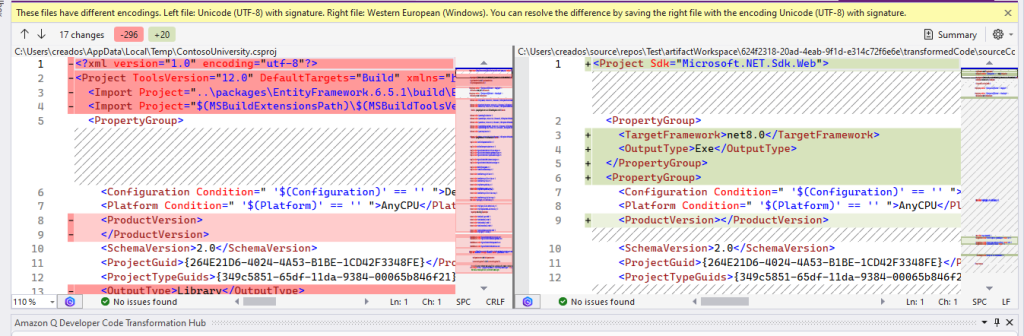 Code differences in project file displayed