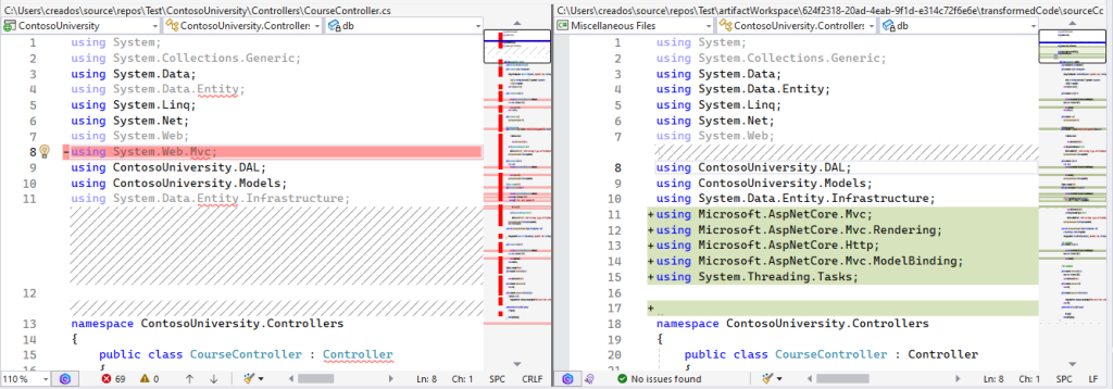Code differences in controller file displayed