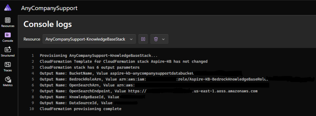 .NET Aspire console logs showing updated CloudFormation provisioning