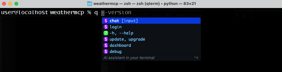 Terminal screenshot showing Amazon Q CLI command completion