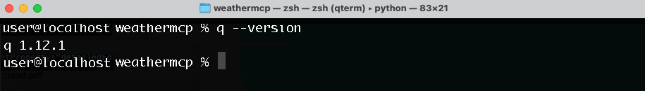 Terminal screenshot showing Amazon Q CLI version check