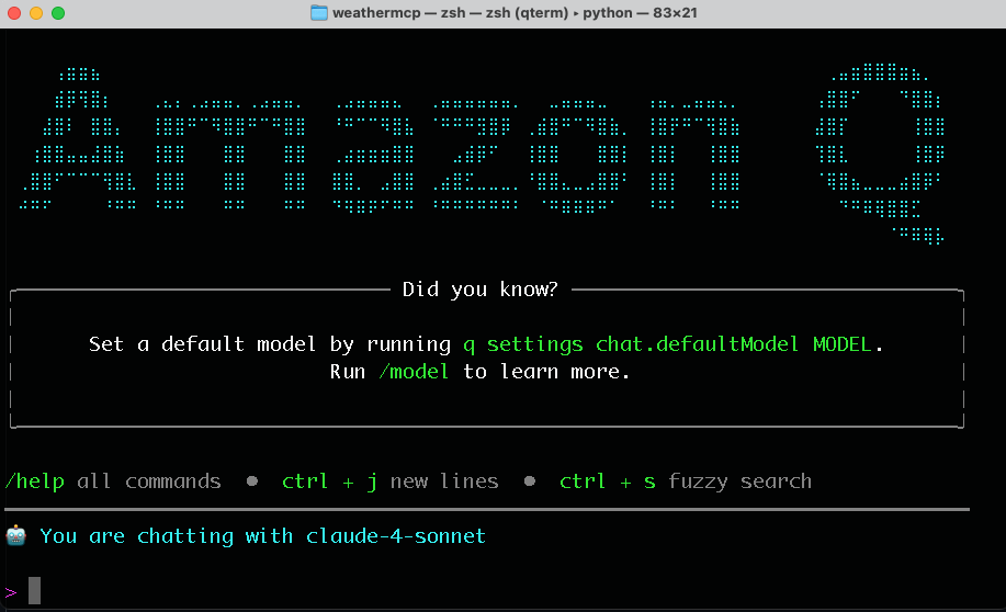 Terminal screenshot showing Amazon Q chat interface