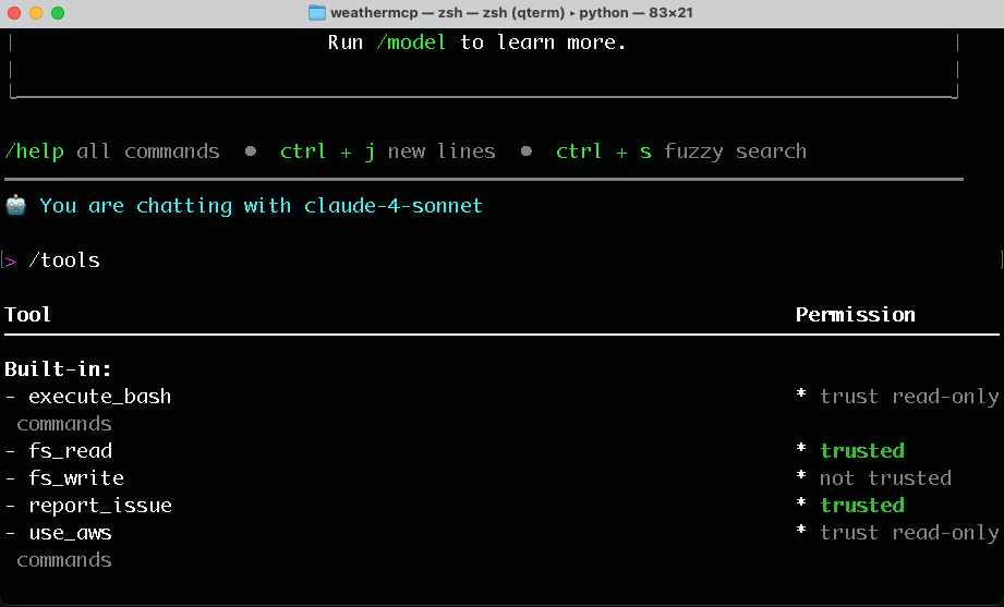 Terminal screenshot showing list of Amazon Q CLI built-in tools