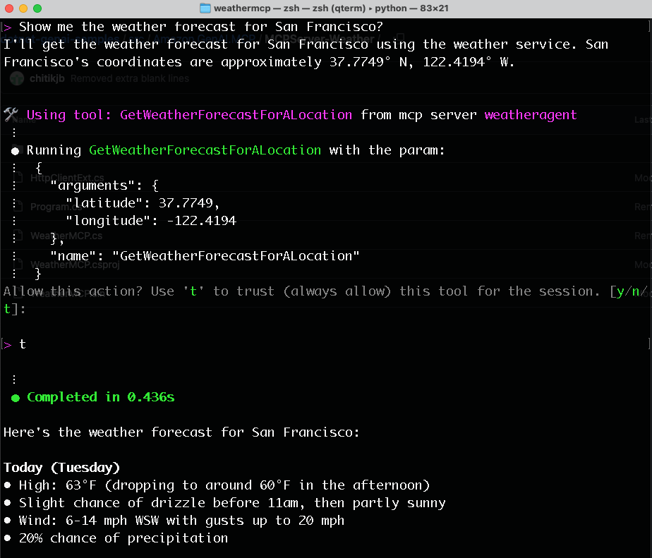 Terminal screenshot showing Amazon Q CLI invoking GetWeatherForecastForALocation MCP tool