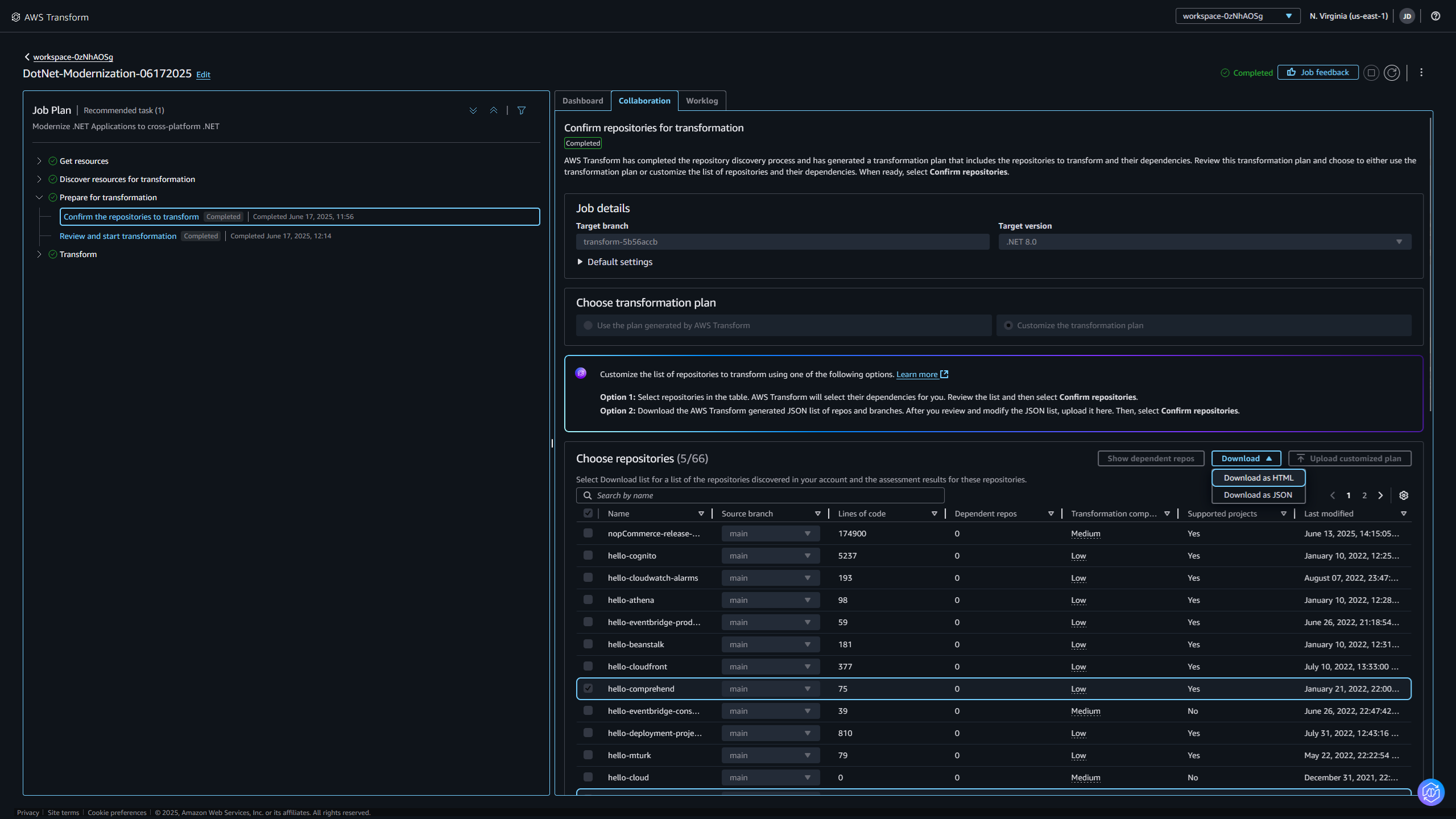 Screenshot of downloading assessment report from the web console Collaboration tab.