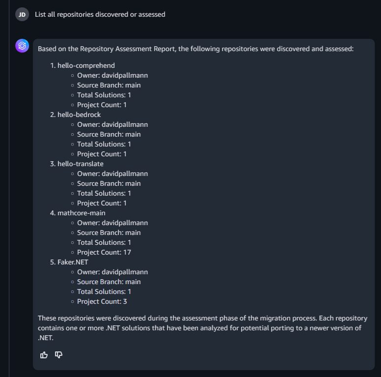 Sample query "List all repositories discovered and assessed" and response.