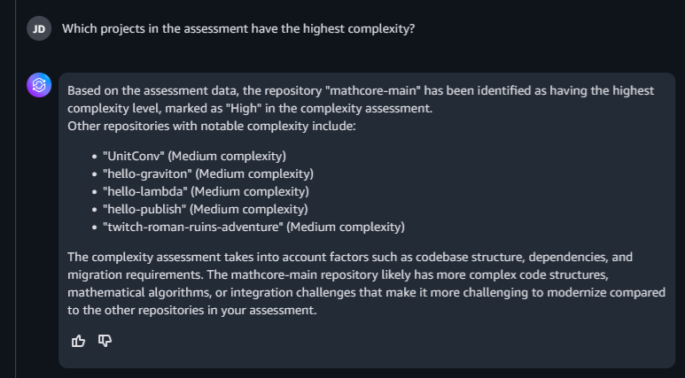 Assessment query "Which projects in the assessment have the highest complexity?" and response
