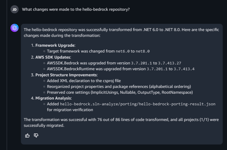 Sample query "What changes were made to the hello-bedrock repository?" and response.