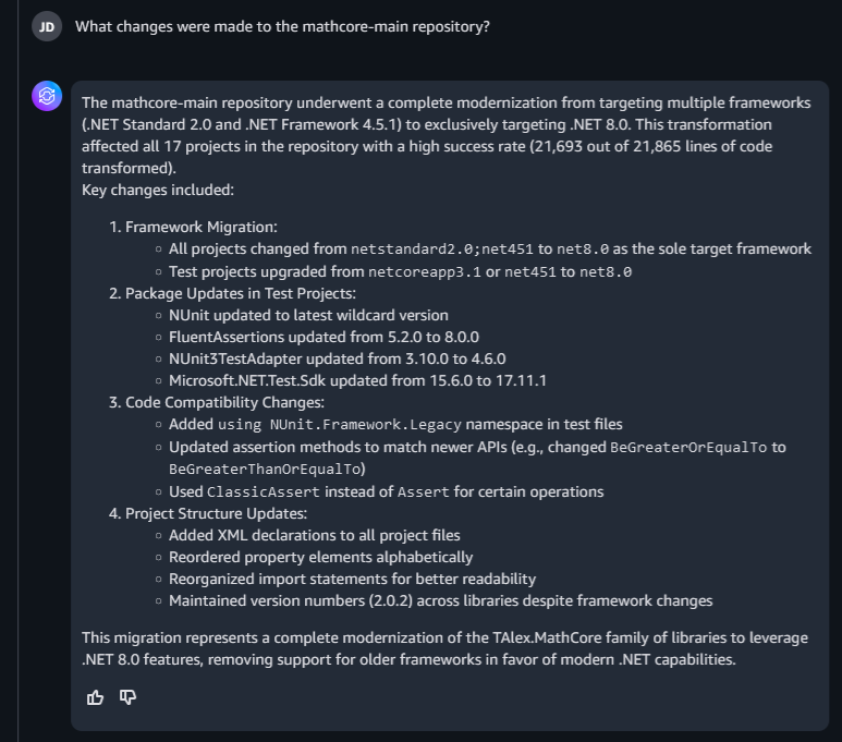 Sample query "What changes were made to the mathcore-main repository?" and response.