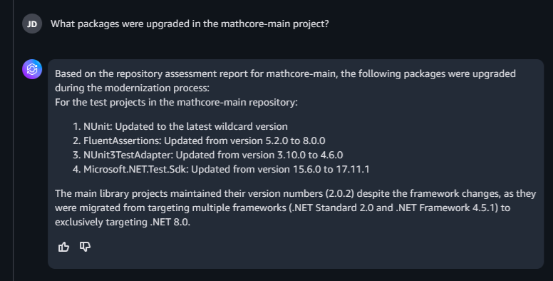 Sample query "What packages were upgraded in the mathcore-main project?" and response.