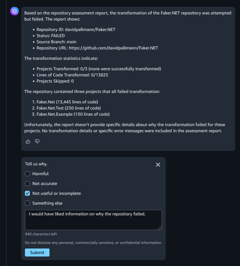 Sample query "What changes were made to the Faker.NET repository?" and response.