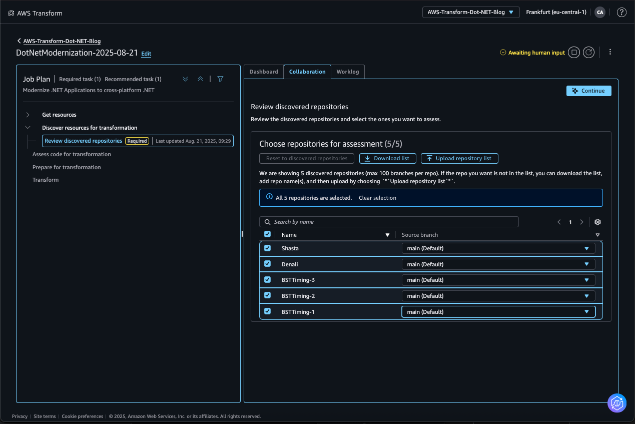 Web console screenshot of reviewing Azure Devps repos for assessment