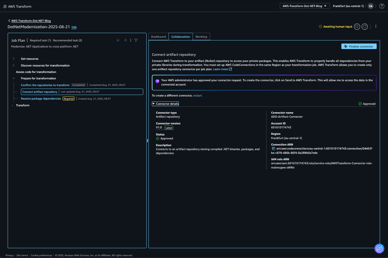 Web console screenshot of connecting artifact repository