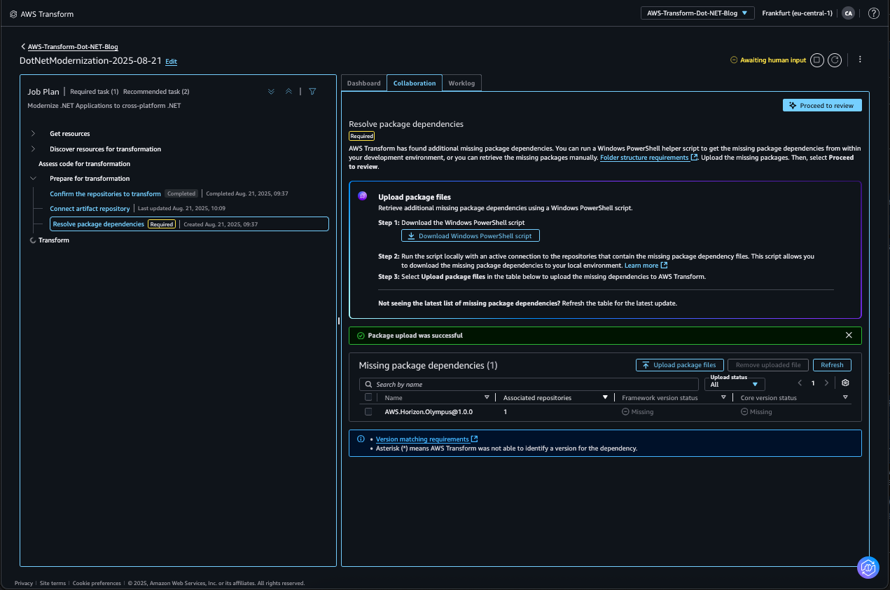 Web console screenshot of uploading package files