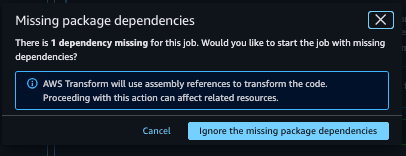 Web console screenshot of Missing package dependencies dialog