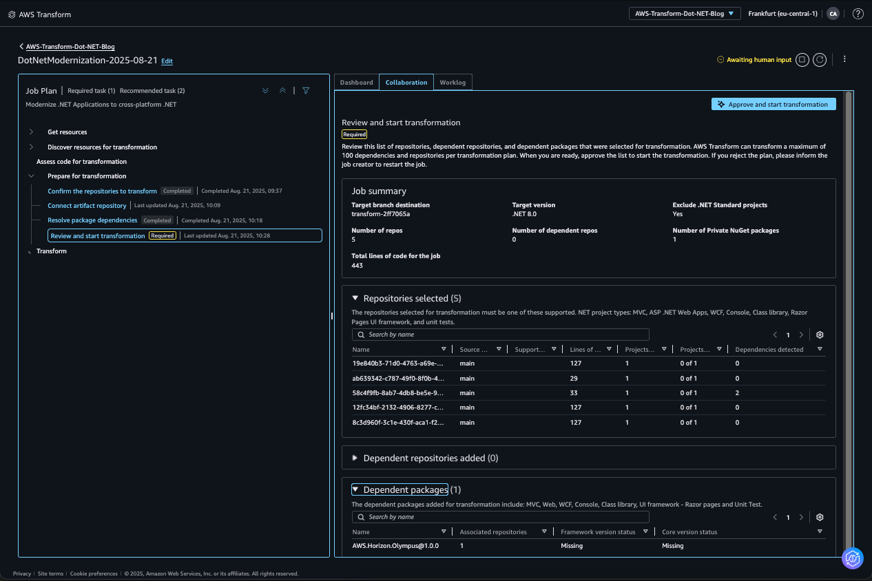 Web console screenshot of Review and start transformation dialog