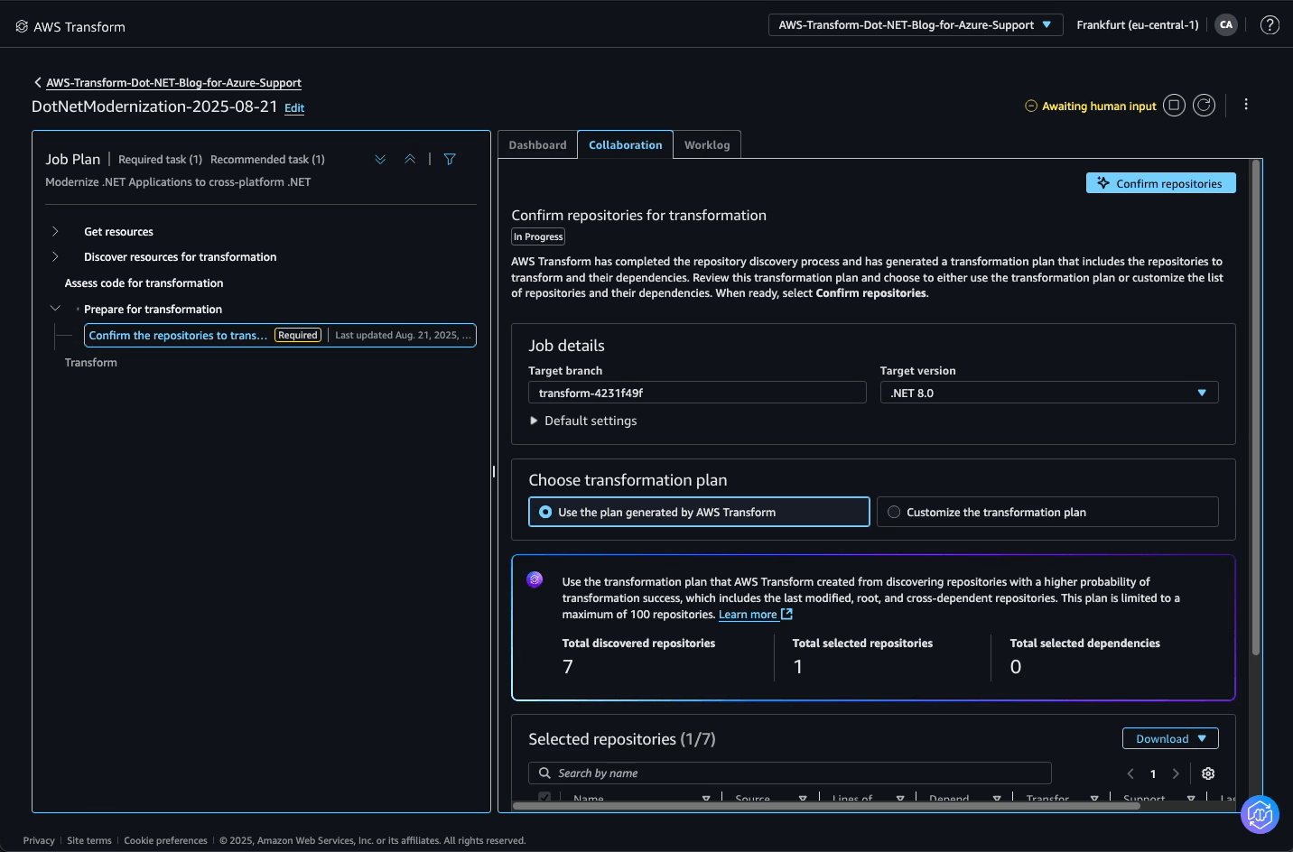 Web console screenshot of confirming repositories for assessment