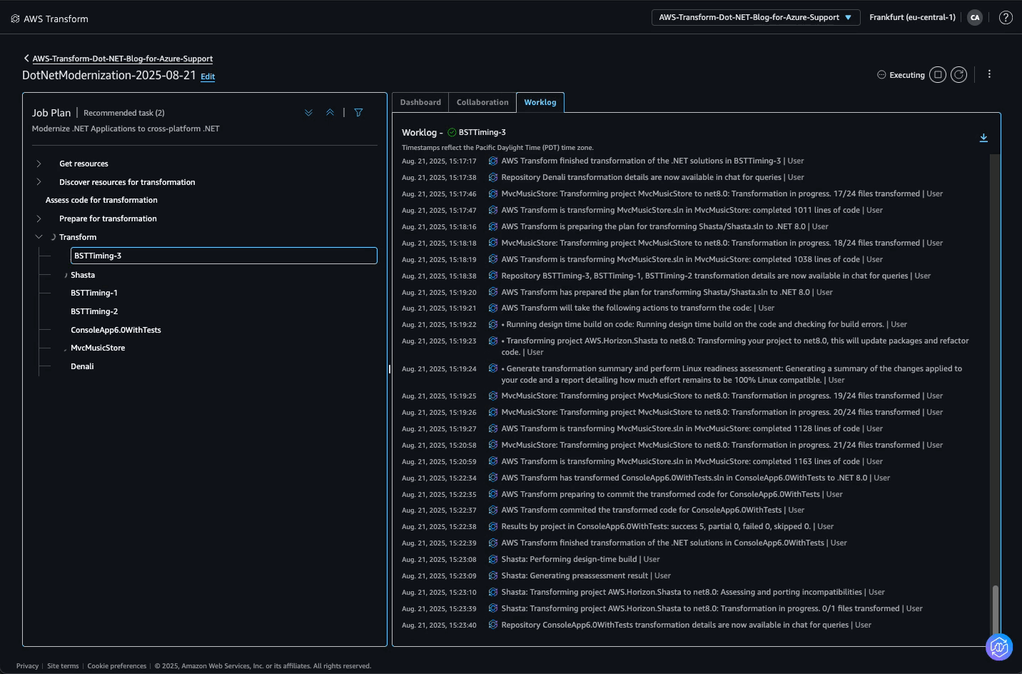 Web console screenshot of worklog