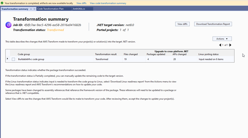 Visual Studio screenshot of Transformation summary pane with Download Transformation Report button.