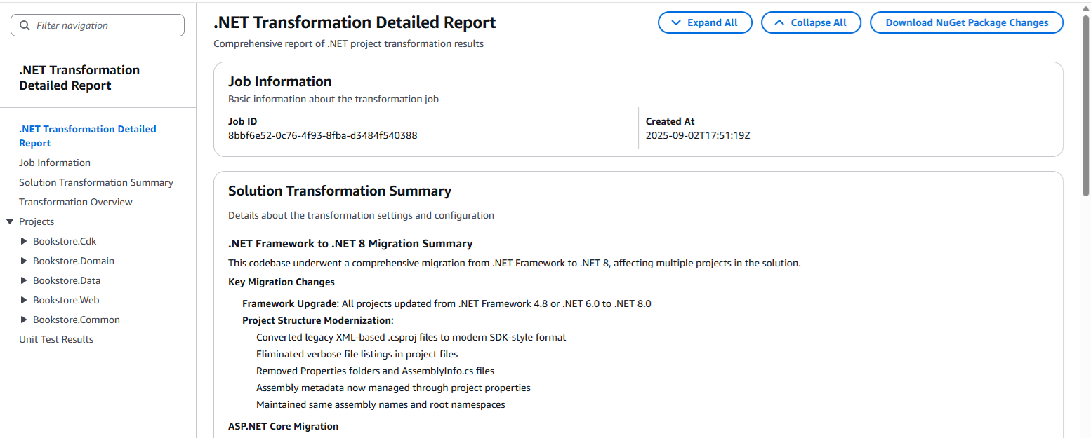 Screenshot of transformation detail report showing table of contents, search bar, and expand/collapse buttons.