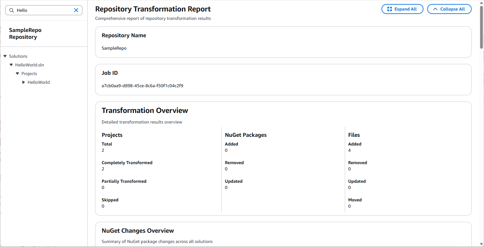 Screenshot of transformation detail report showing search text filtering table of contents.