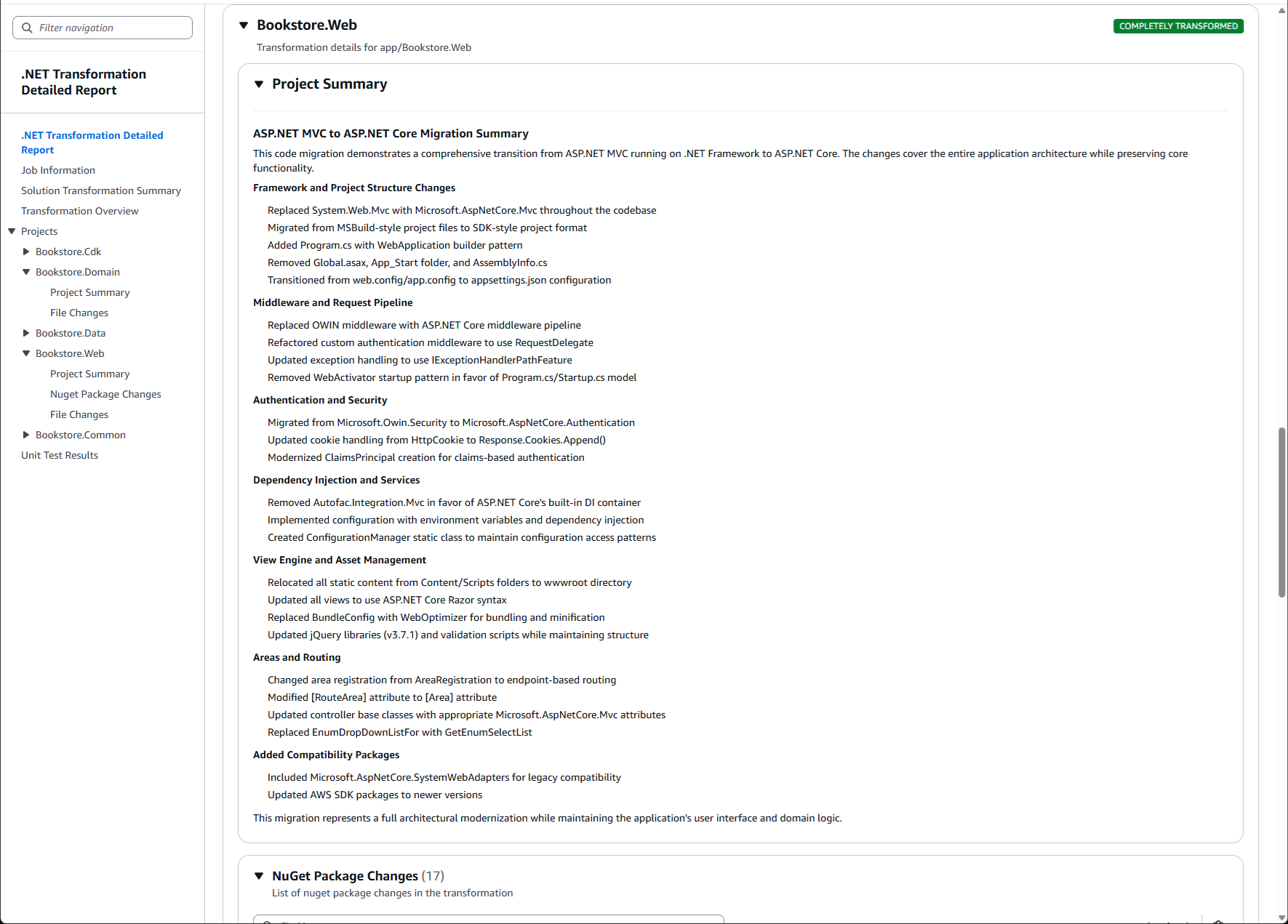 Screenshot of transformation detail report showing Job Information and Solution Transformation Summary sections.