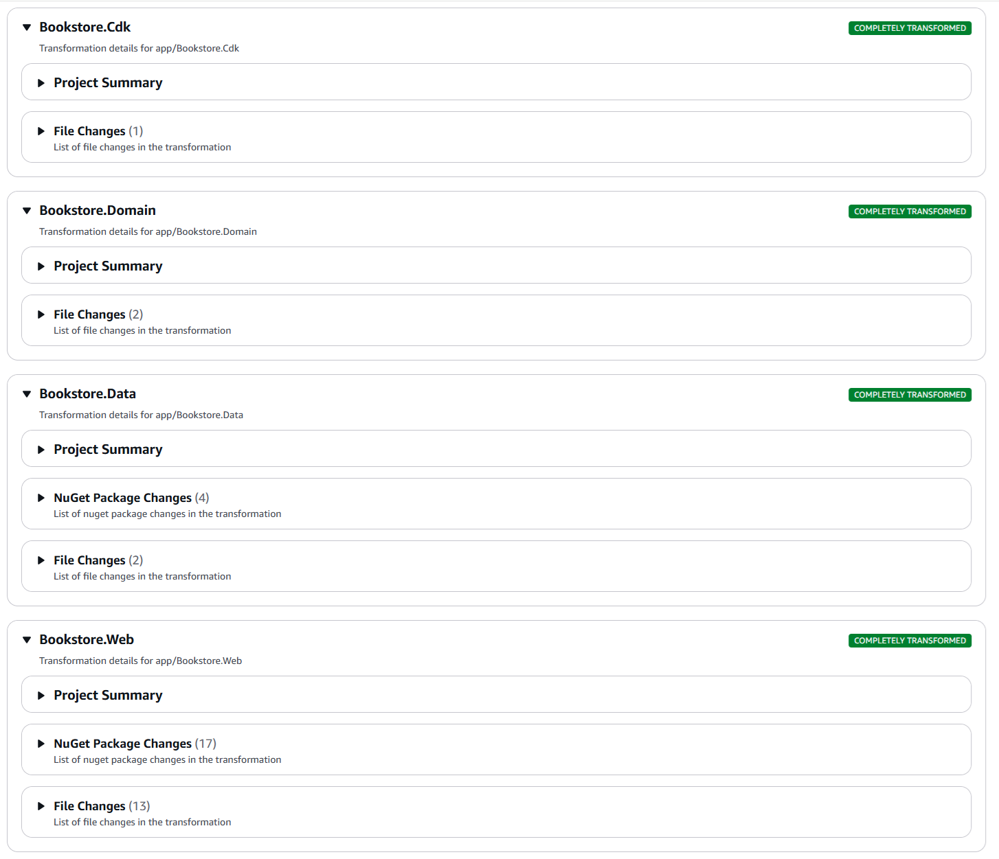 Screenshot of transformation detail report showing collapsed project sections.