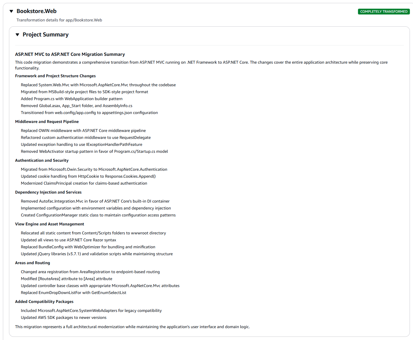 Screenshot of transformation detail report showing project summary section.
