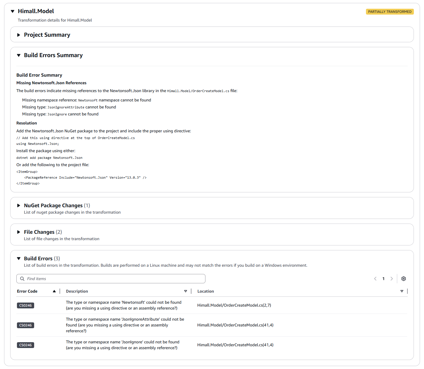 Screenshot of transformation report showing Build Errors Summary and Build Errors sections.