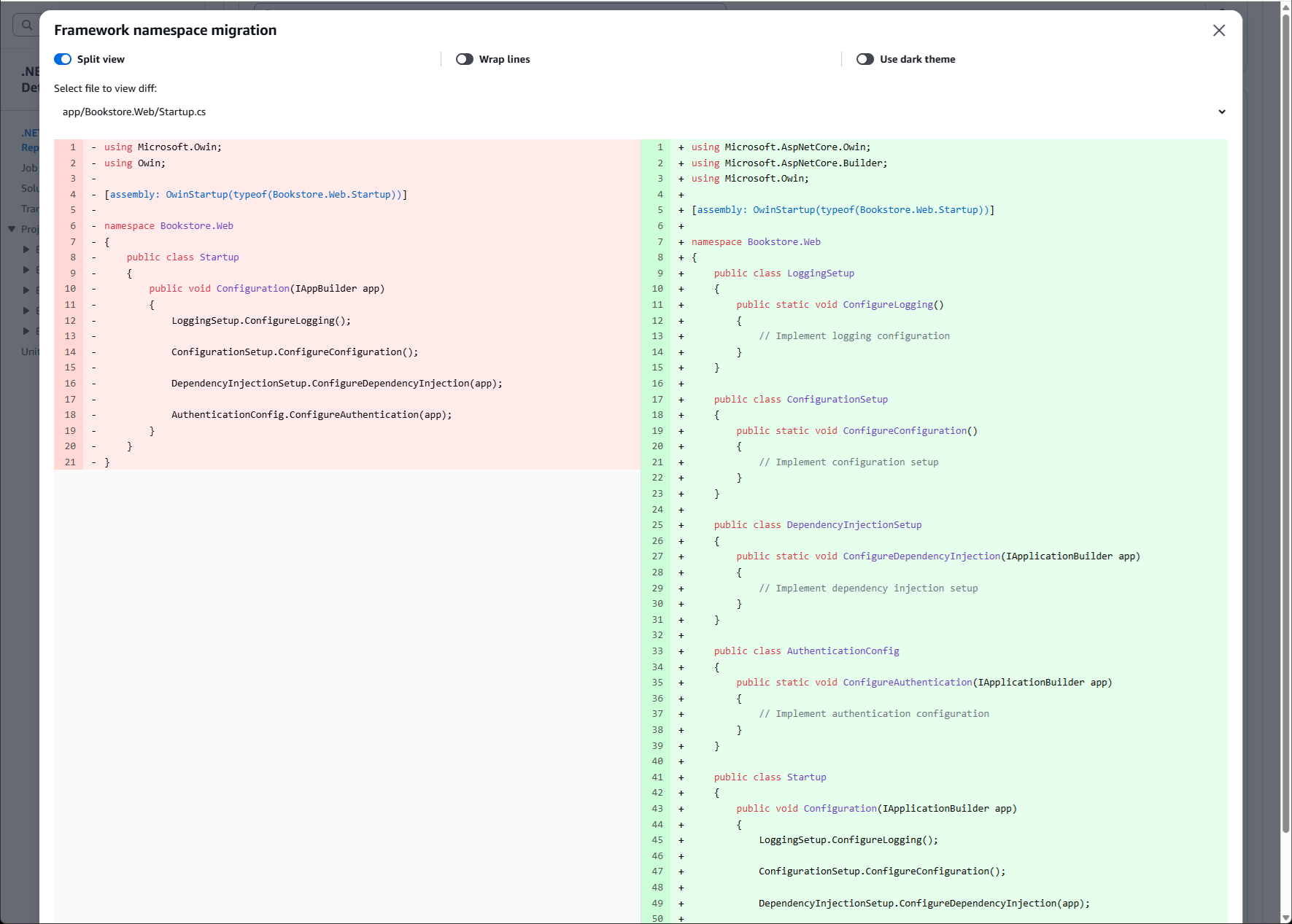 Screenshot of transformation report showing code diffs dialog.