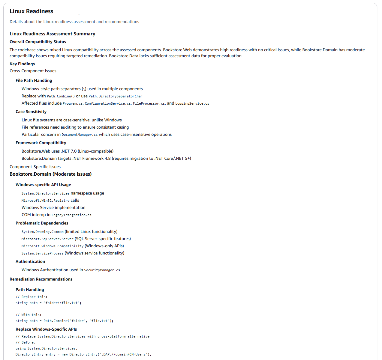 Linux readiness section showing assessment and recommendations in natural language.