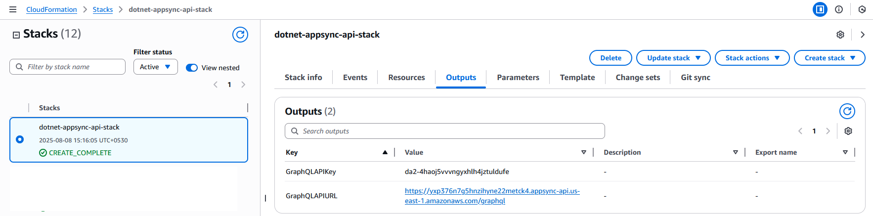 Screenshot of AWS CloudFormation console showing application stack deployment