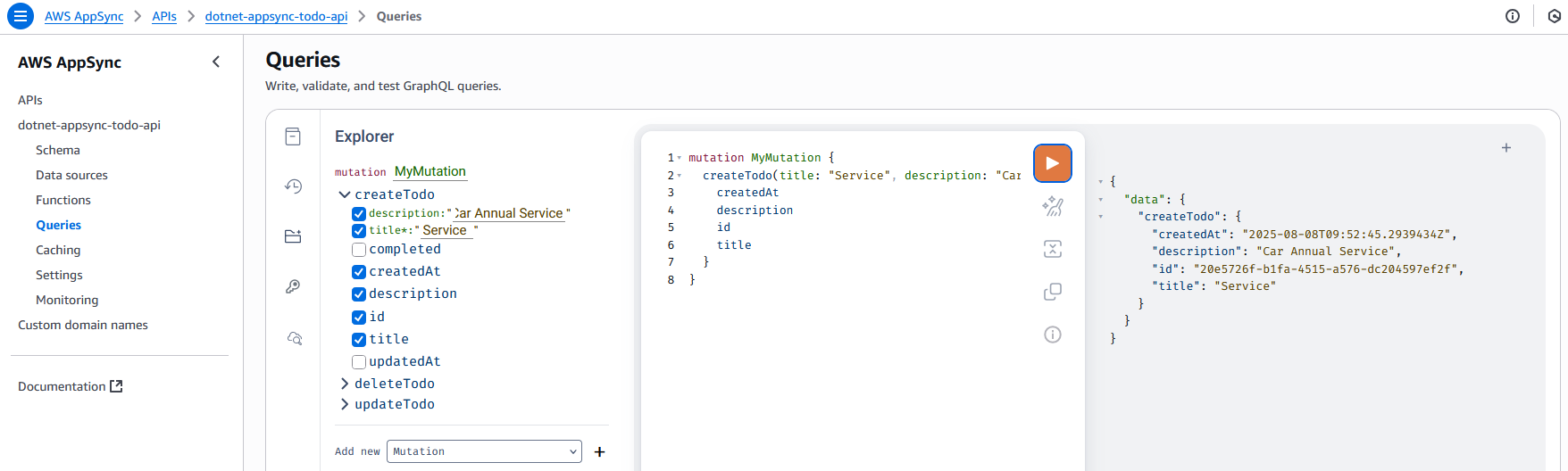 Screenshot of AWS AppSync console showing query testing