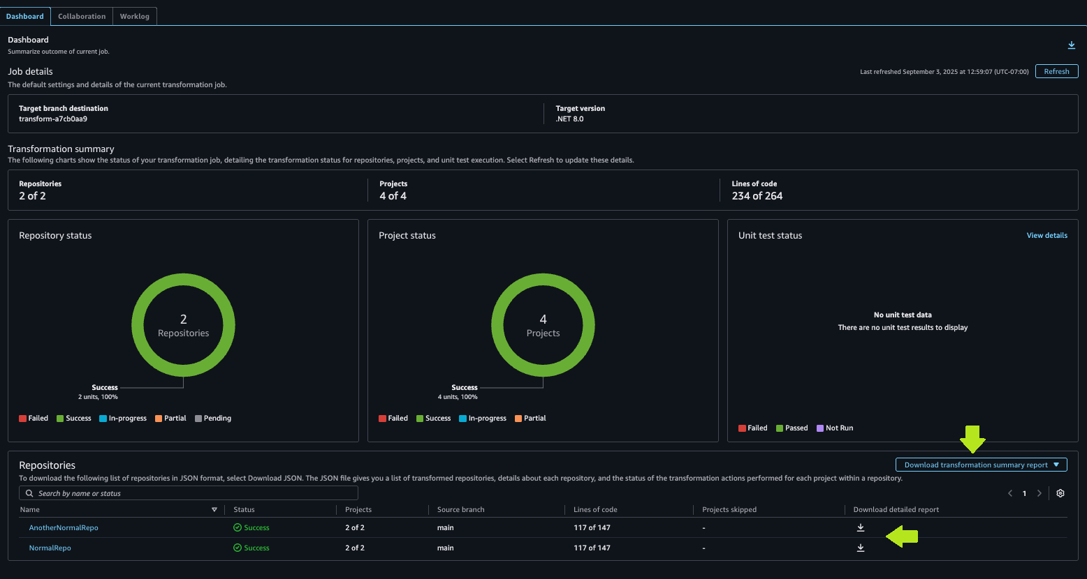 Screenshot of AWS Transform web console with button to download transformation summary report for the job, and download icons to download detail reports for each repository.