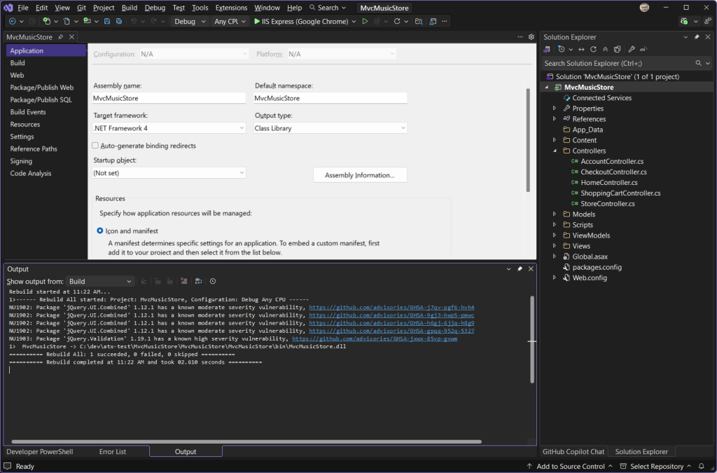 Screenshot of Visual Studio project properties showing .NET Framework version .