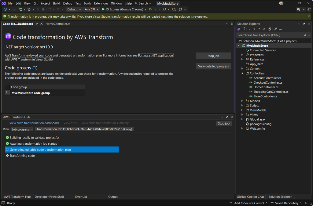 Screenshot of Visual Studio with transformation job started notification.