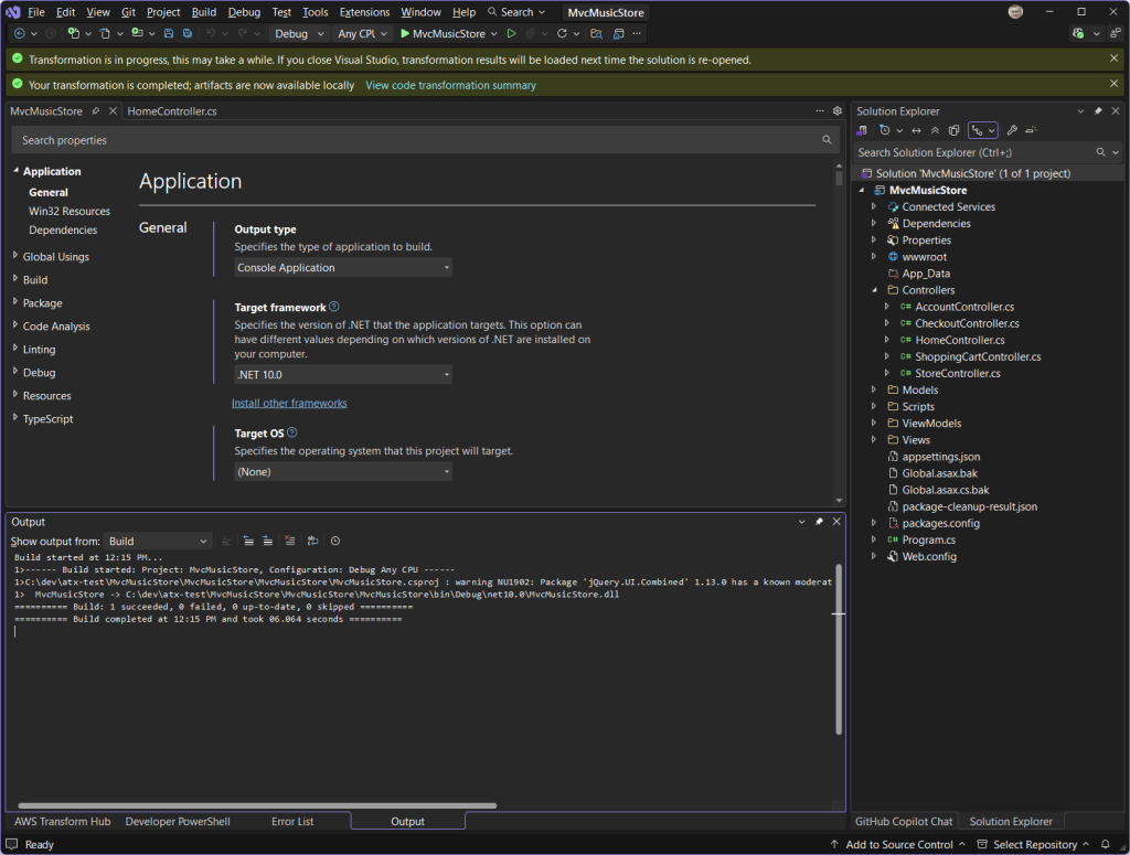 Screenshot of Visual Studio showing project is now .NET version 10.