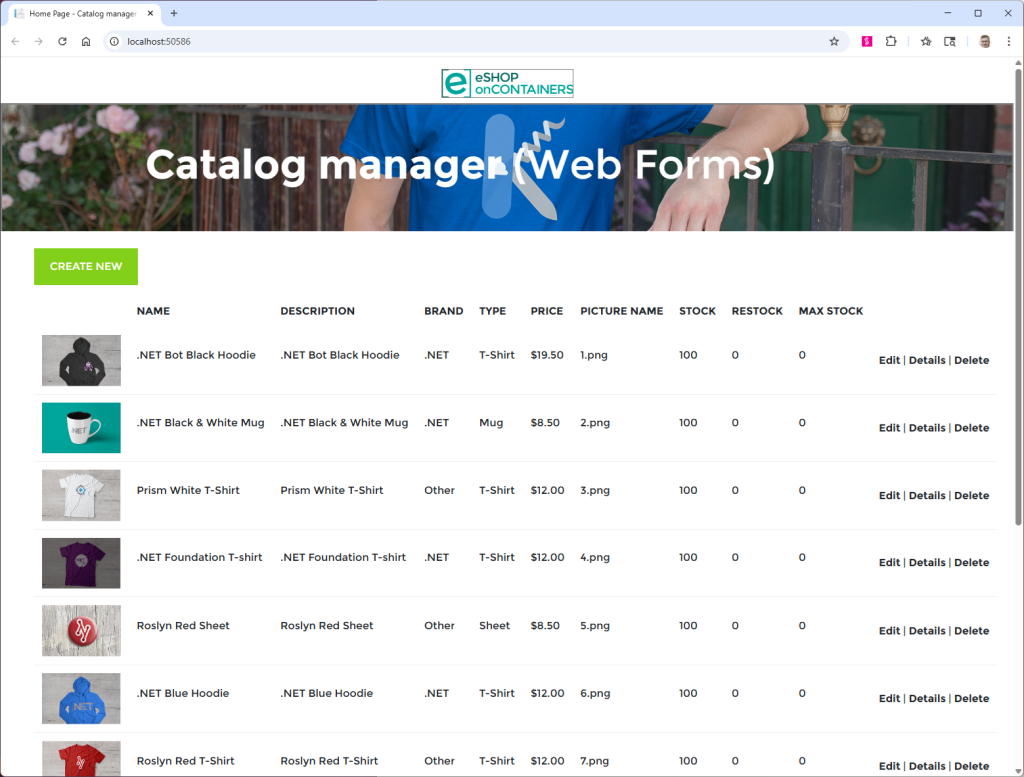 Screenshot of original eShop application running in browser.
