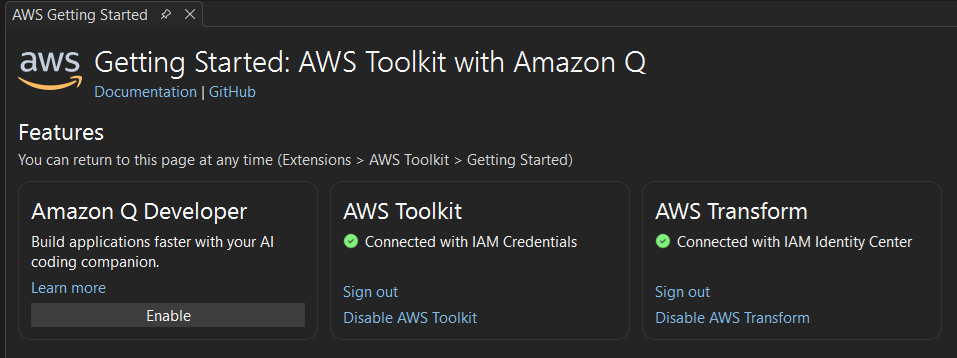 Screenshot of AWS Toolkit Getting Started screen with AWS Transform panel.