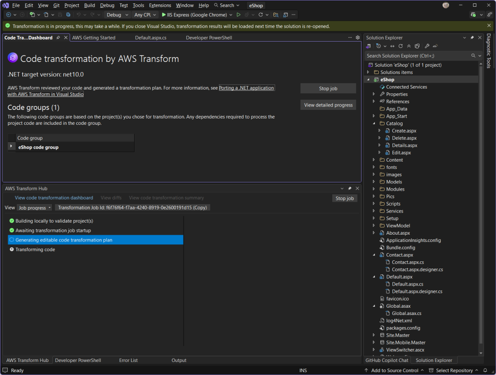 Screenshot of transformation job started notification in Visual Studio.