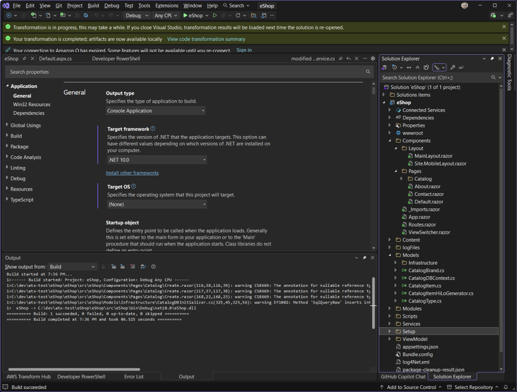 Screenshot of Visual Studio showing transformed application is .NET version 10.