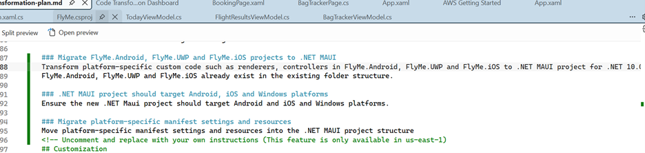 Screenshot showing Edit Transform plan to add instructions to transform platform specific code