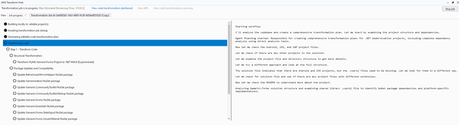 Screenshot Showing AWS Transformation Job progress