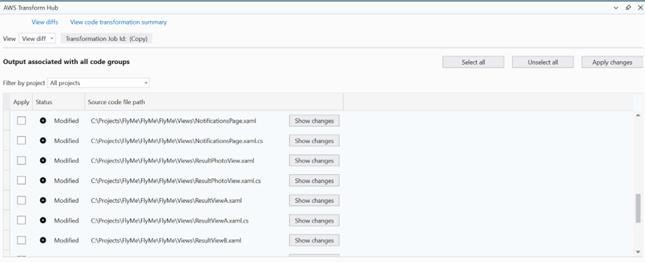 Screenshot Showing List of changes made by AWS Transform